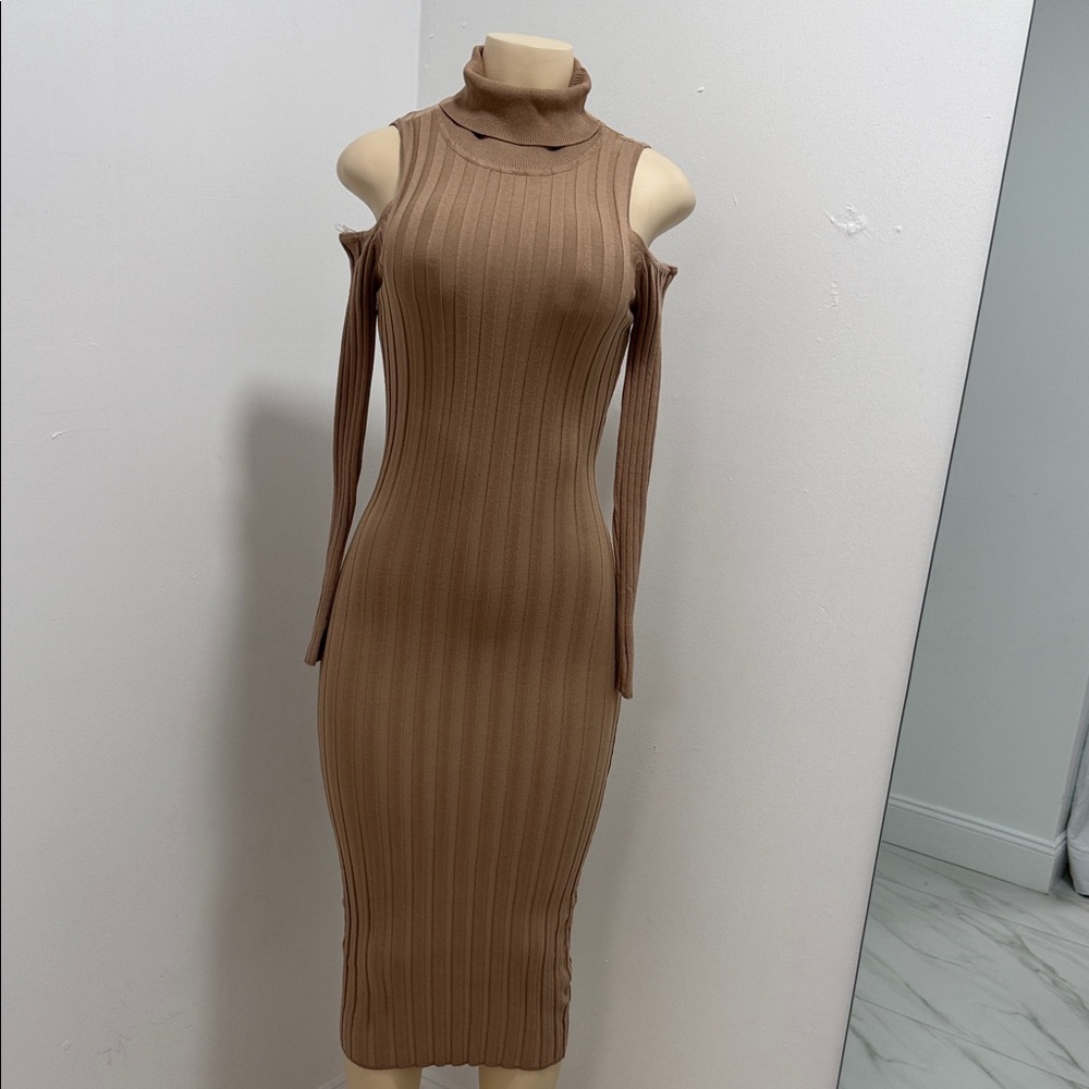 Elegant Brown Ribbed Knit Dress